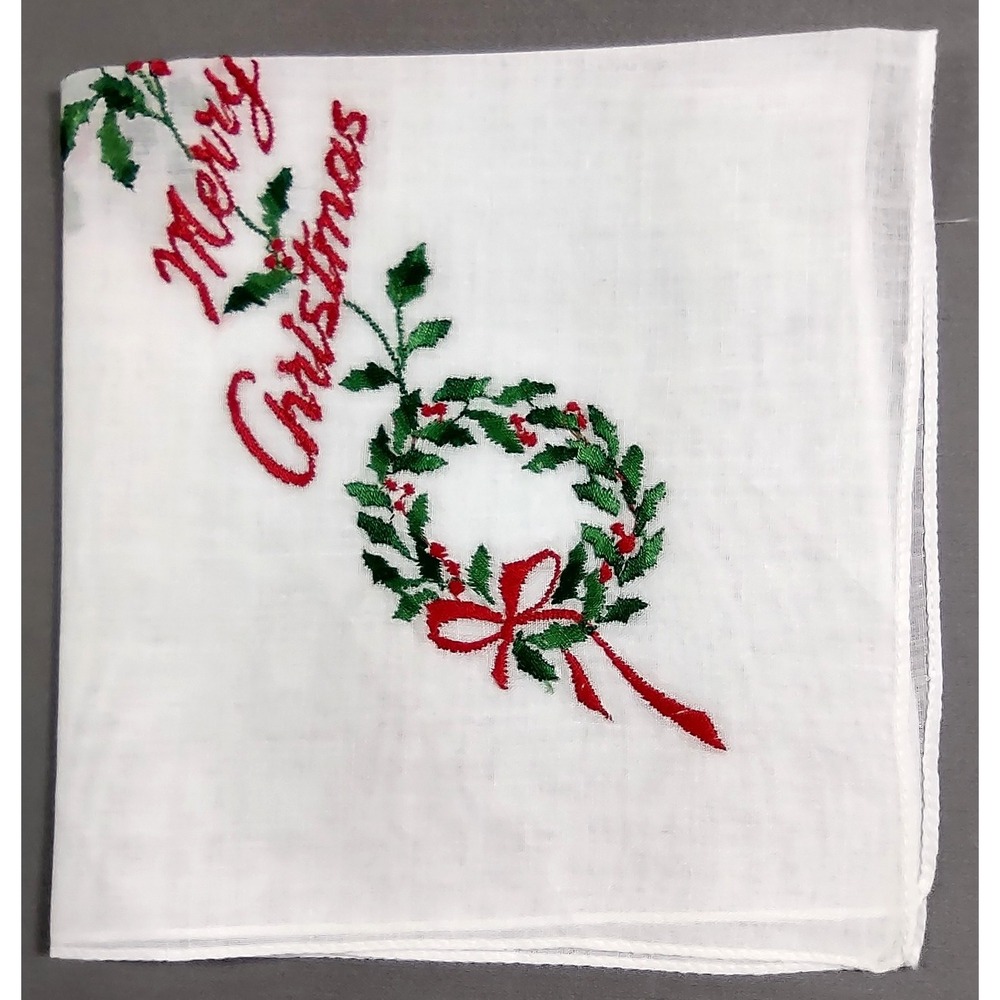 Vtg 10.5 x 11 Merry Christmas Embroidered Handkerchief Holly Wreath Bow